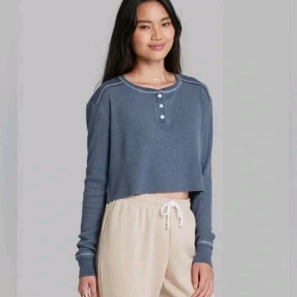 ♥️Wild Fable Long Sleeve Thermal Henley Crop Top Size Large